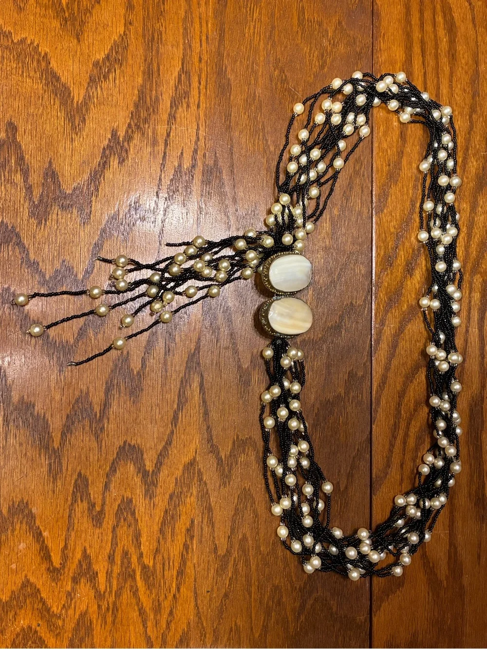 Vintage Mother Of Pearl Brass Beaded Boho Statement Belt Black Ivory OS